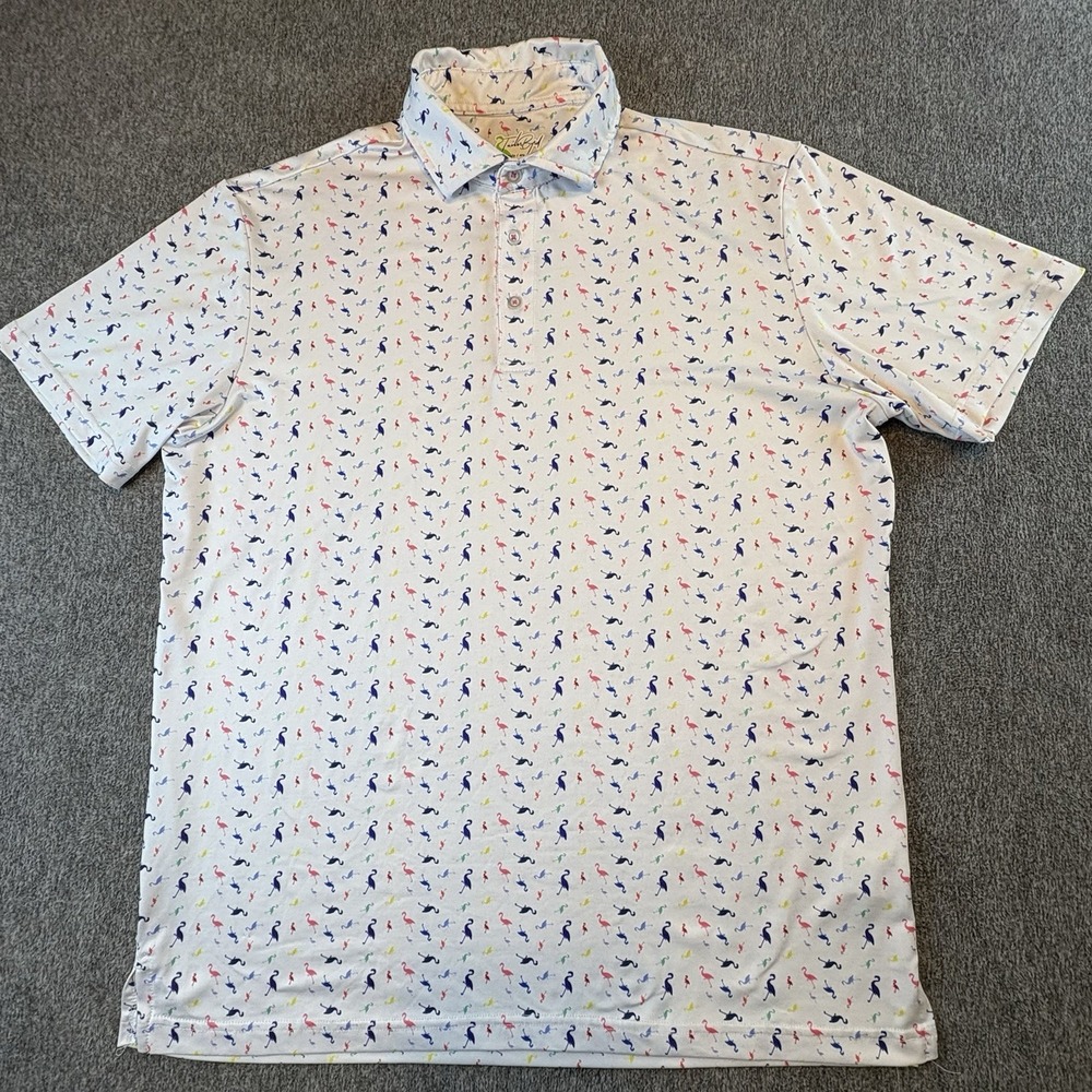 Tailorbyrd Polo Shirt Large White Flamingo Golf All Over‎ Print Performance Mens
